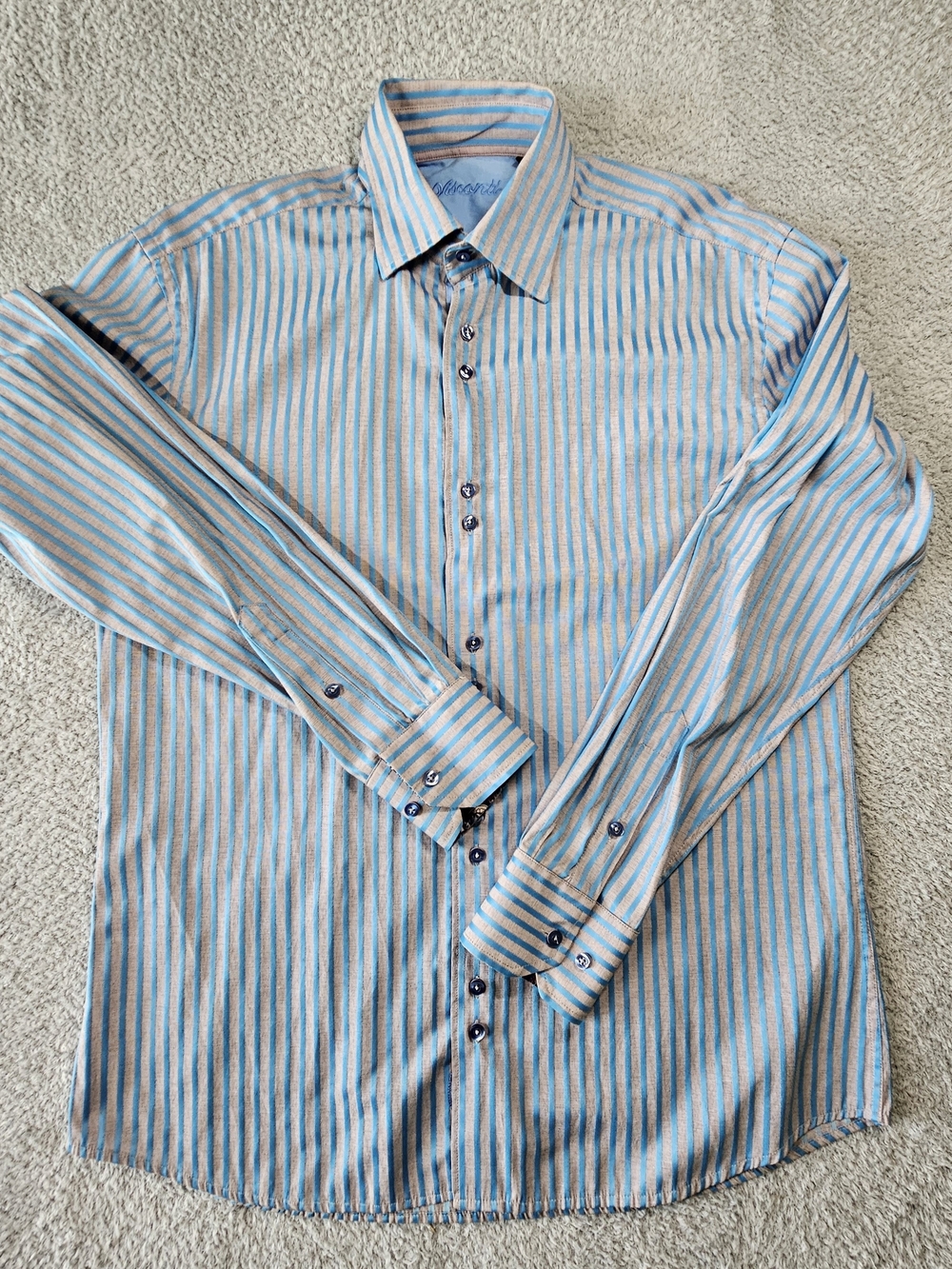 Men's Visconti Blue and White Striped Dress Shirt - Classic Spread Collar
